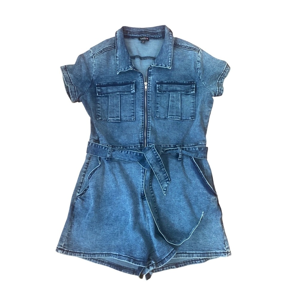 Justify Womens Denim Romper Medium Wash Zip Front Tie Waist Short Sleeve XL - Picture 2 of 10